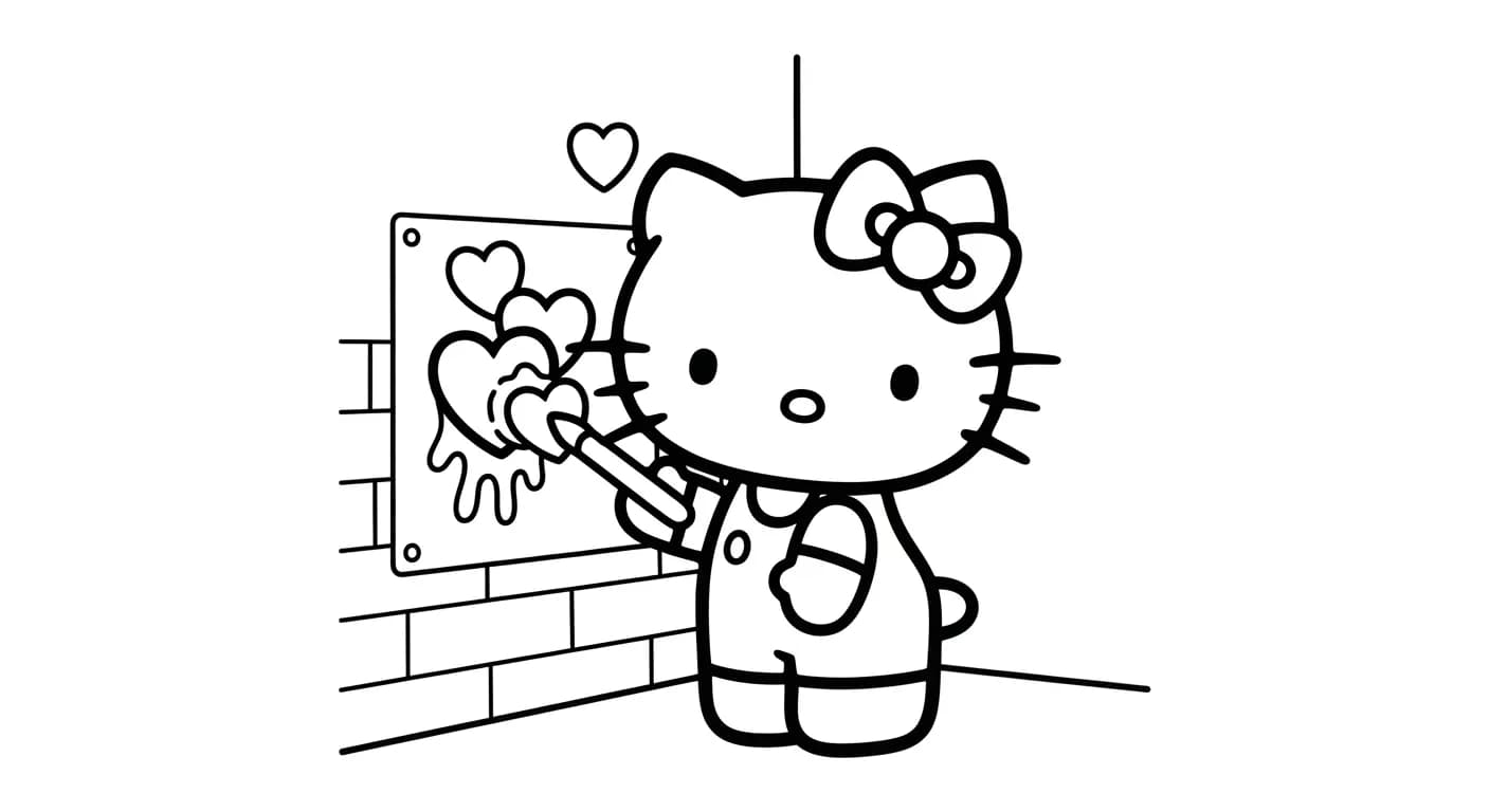 hello kitty Kleurplaat van hello kitty in een vrolijk en creatief thema om zelf in te kleuren.