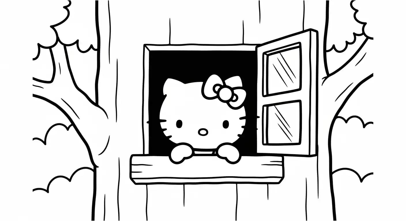 hello kitty Kleurplaat van hello kitty in een vrolijk en creatief thema om zelf in te kleuren.