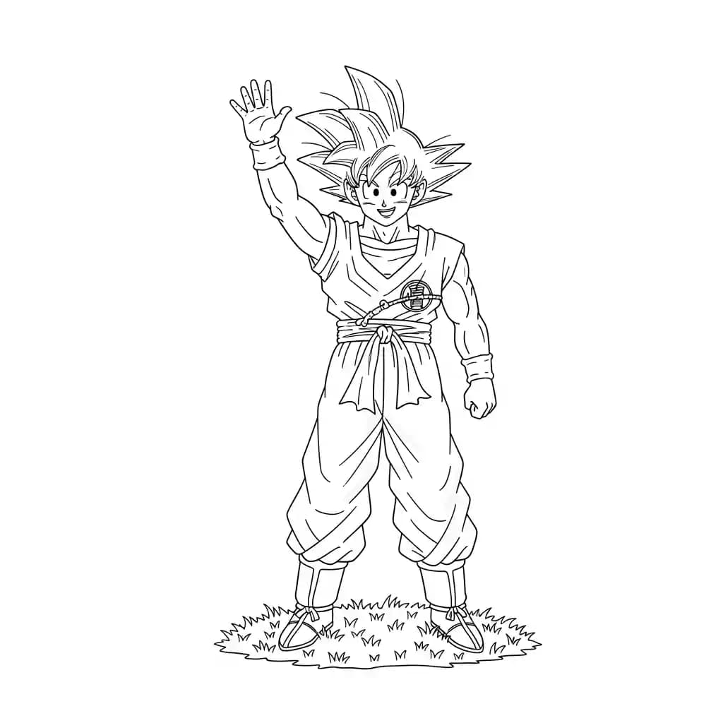 Goku kleurplaat schets kleurplaat van Goku in vechthouding met duidelijke lijnen om in te kleuren