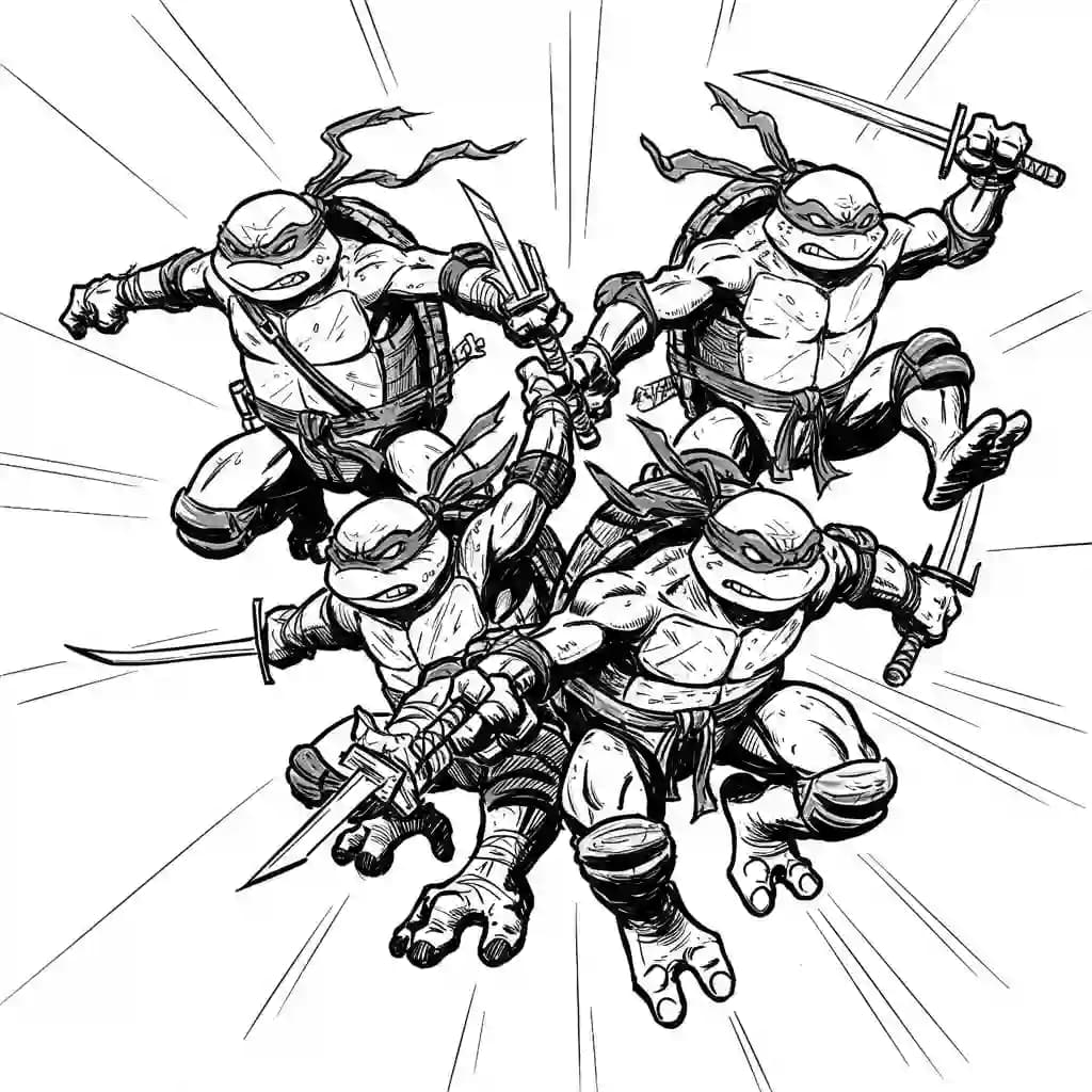 Tienermutante ninjaschildpadden Kleurplaat van tienermutante ninjaschildpadden met een avontuurlijk en speels thema om in te kleuren.