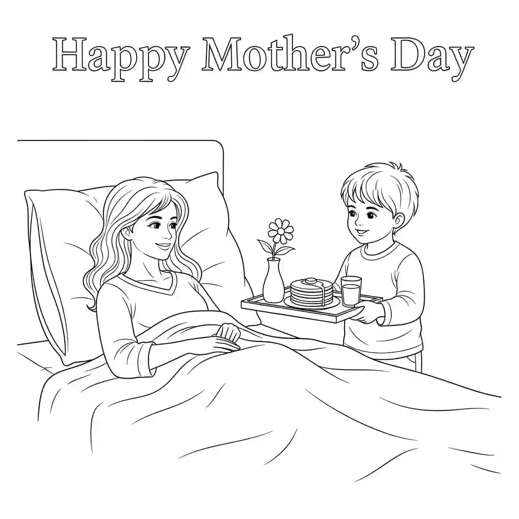Moederdag Kleurplaat van Moederdag met een feestelijk en liefdevol thema om in te kleuren.
