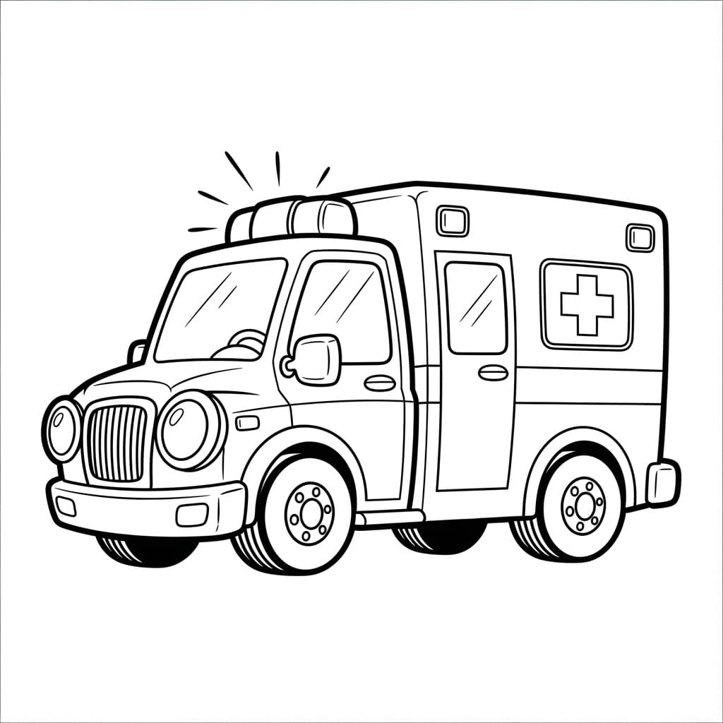 Ambulance Zwart-witte tekening van een ambulance om gratis te downloaden en in te kleuren.