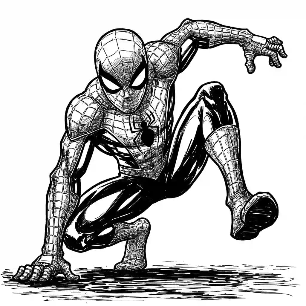 Spiderman Kleurplaat van Spiderman met een stoer superhelden thema om zelf in te kleuren.