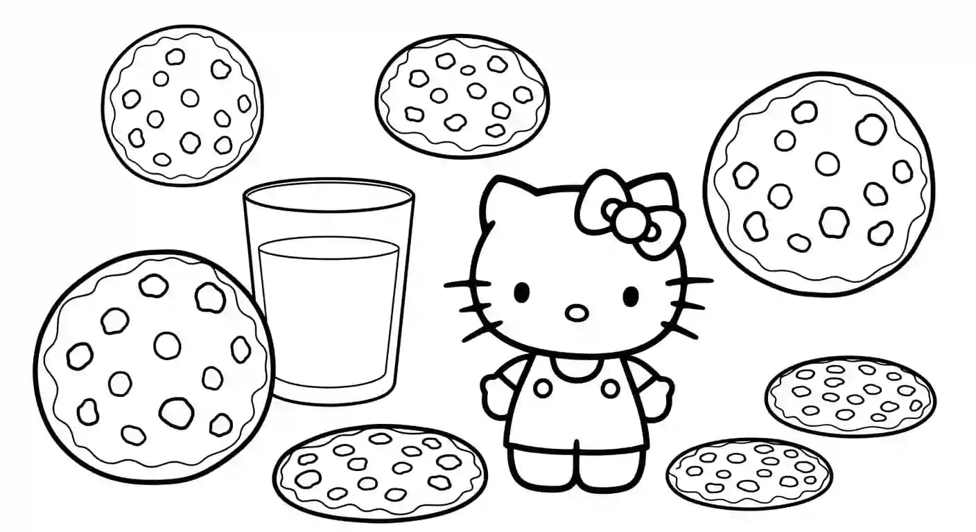 hello kitty Kleurplaat van hello kitty in een vrolijk en creatief thema om zelf in te kleuren.