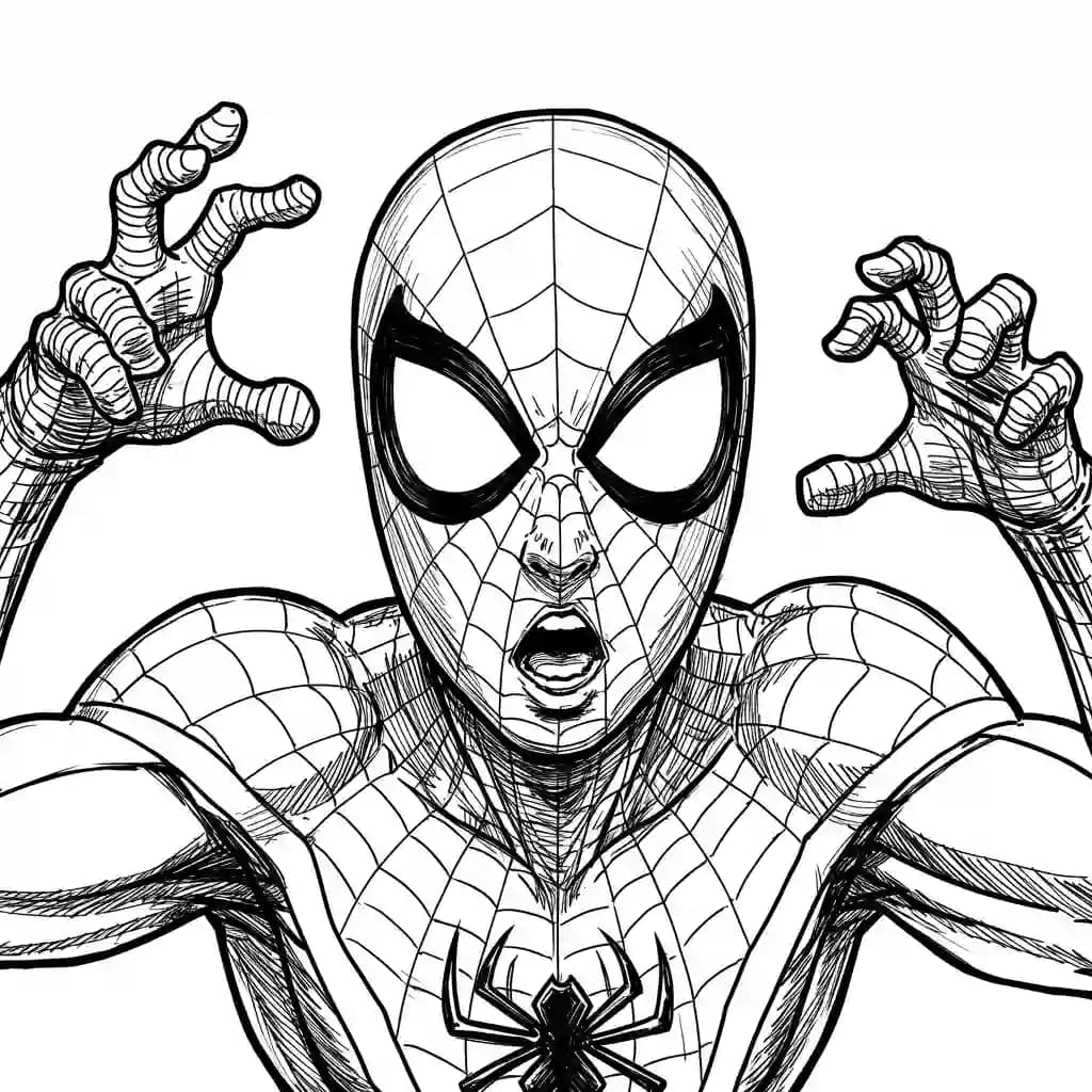 Spiderman Kleurplaat van Spiderman met een stoer superhelden thema om zelf in te kleuren.