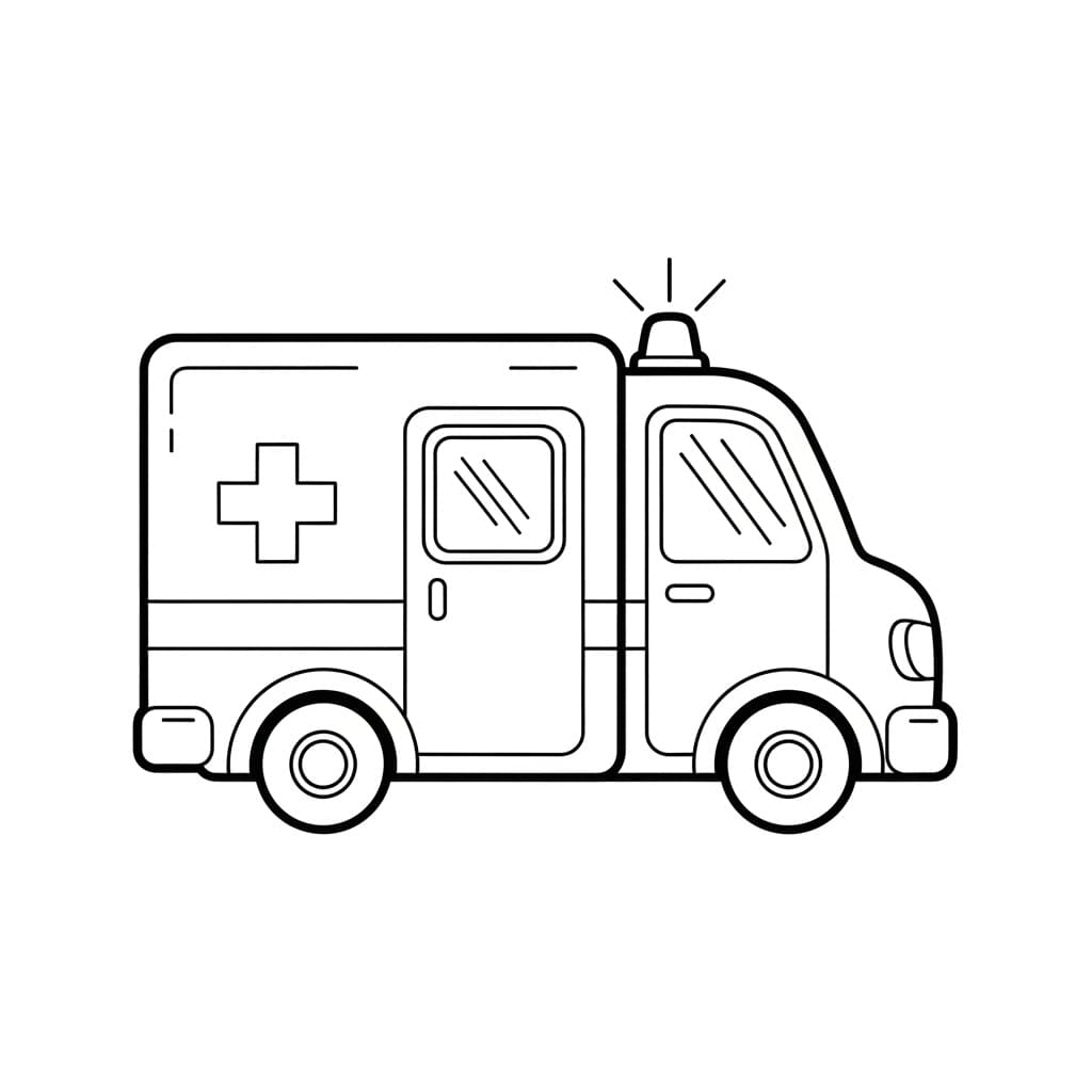 Ambulance Zwart-witte tekening van een ambulance om gratis te downloaden en in te kleuren.