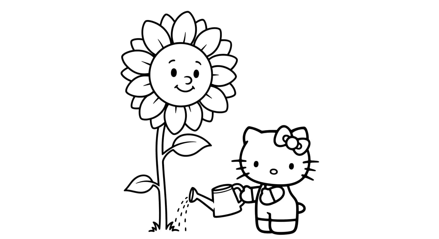 hello kitty Kleurplaat van hello kitty in een vrolijk en creatief thema om zelf in te kleuren.