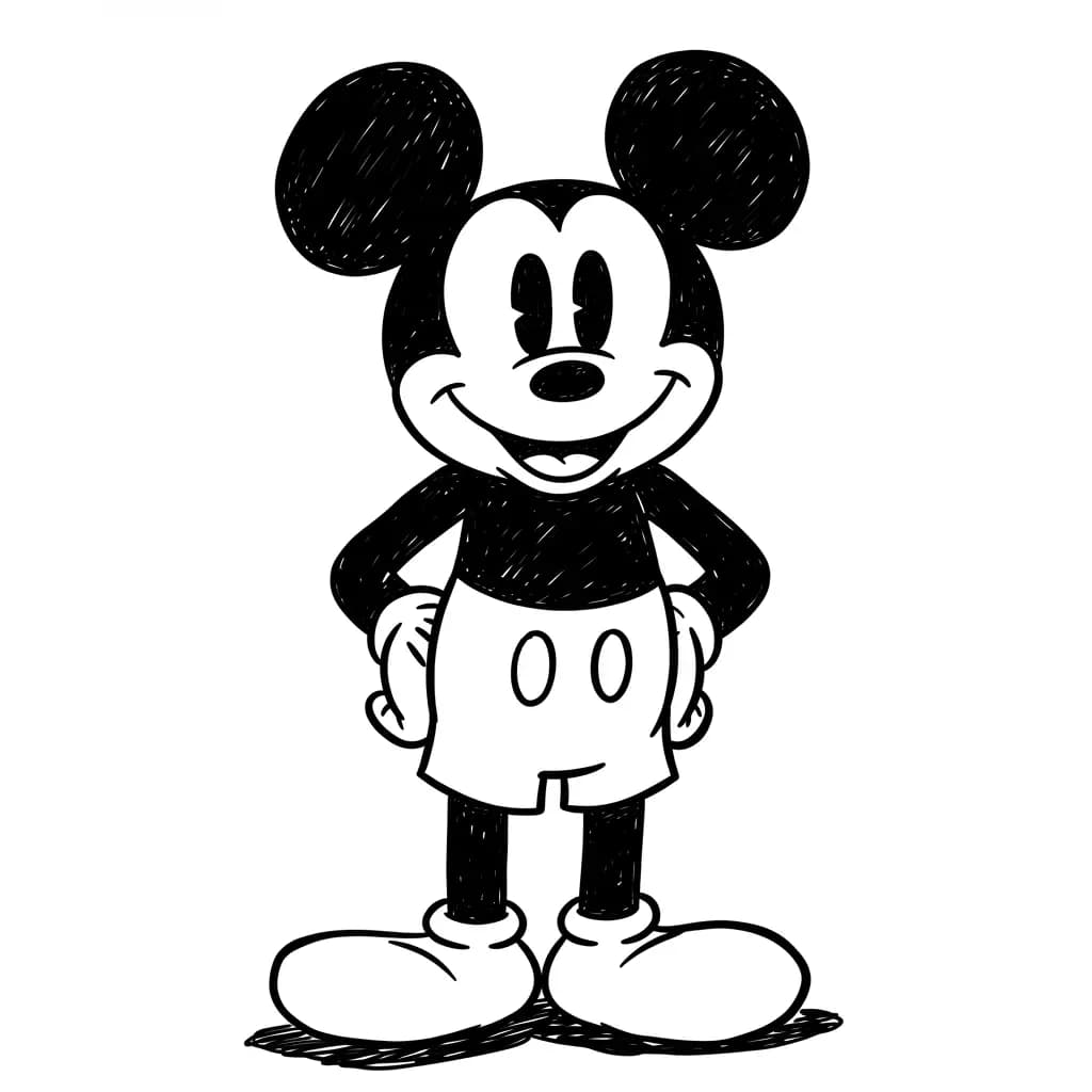 Mickey Mouse Kleurplaat van Mickey Mouse met een vrolijk en klassiek thema om in te kleuren.
