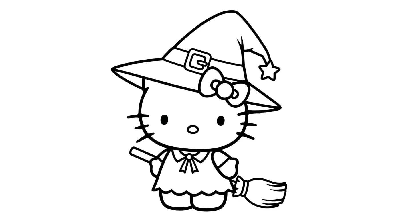 hello kitty Kleurplaat van hello kitty in een vrolijk en creatief thema om zelf in te kleuren.