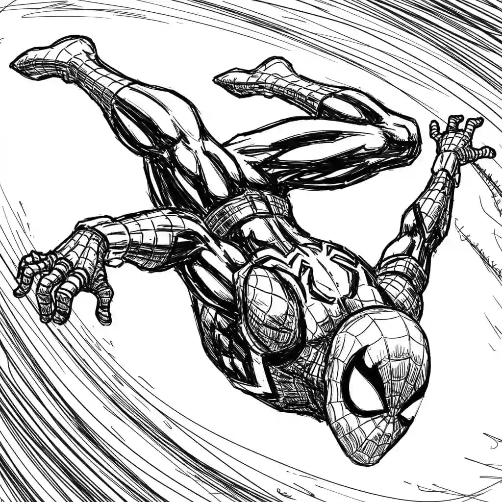 Spiderman Kleurplaat van Spiderman met een stoer superhelden thema om zelf in te kleuren.