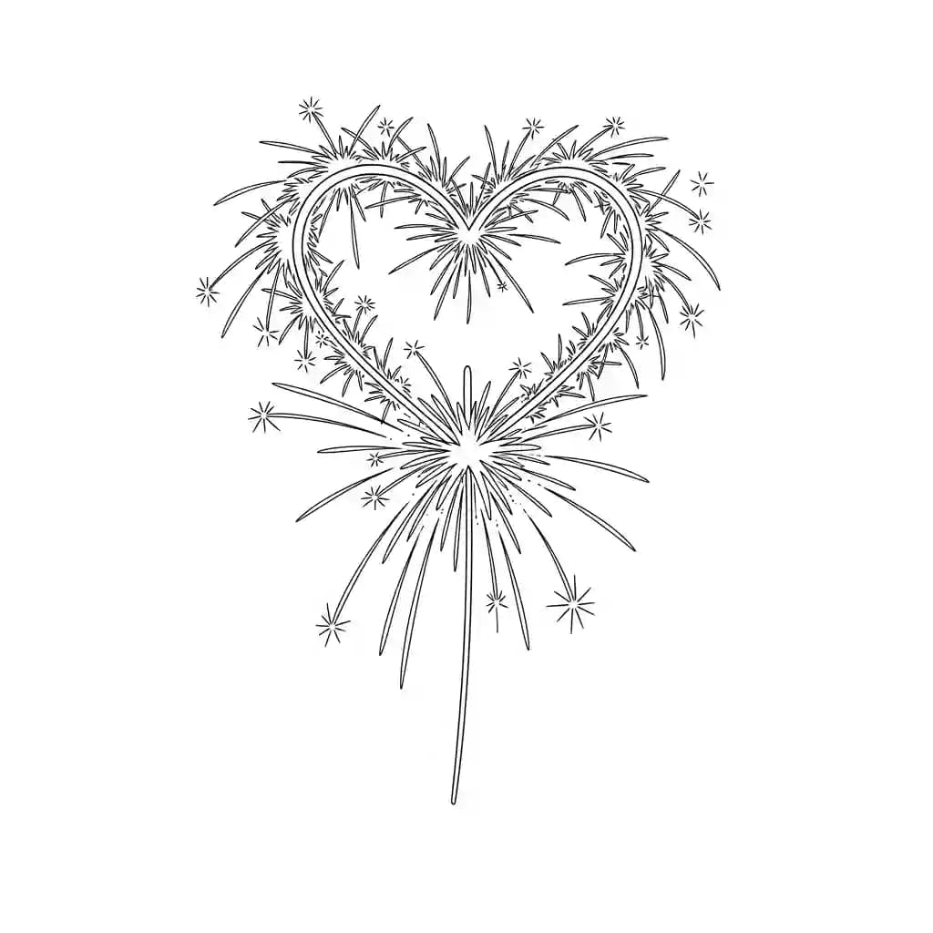 Vuurwerk Een vrolijke kleurplaat van vuurwerkexplosies met verschillende vormen en patronen.