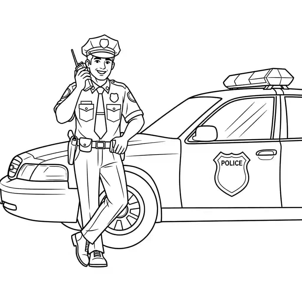 Politie Kleurplaat van de politie met een stoer en herkenbaar thema om zelf in te kleuren.