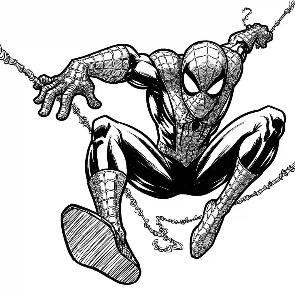 Spiderman Kleurplaat van Spiderman met een stoer superhelden thema om zelf in te kleuren.