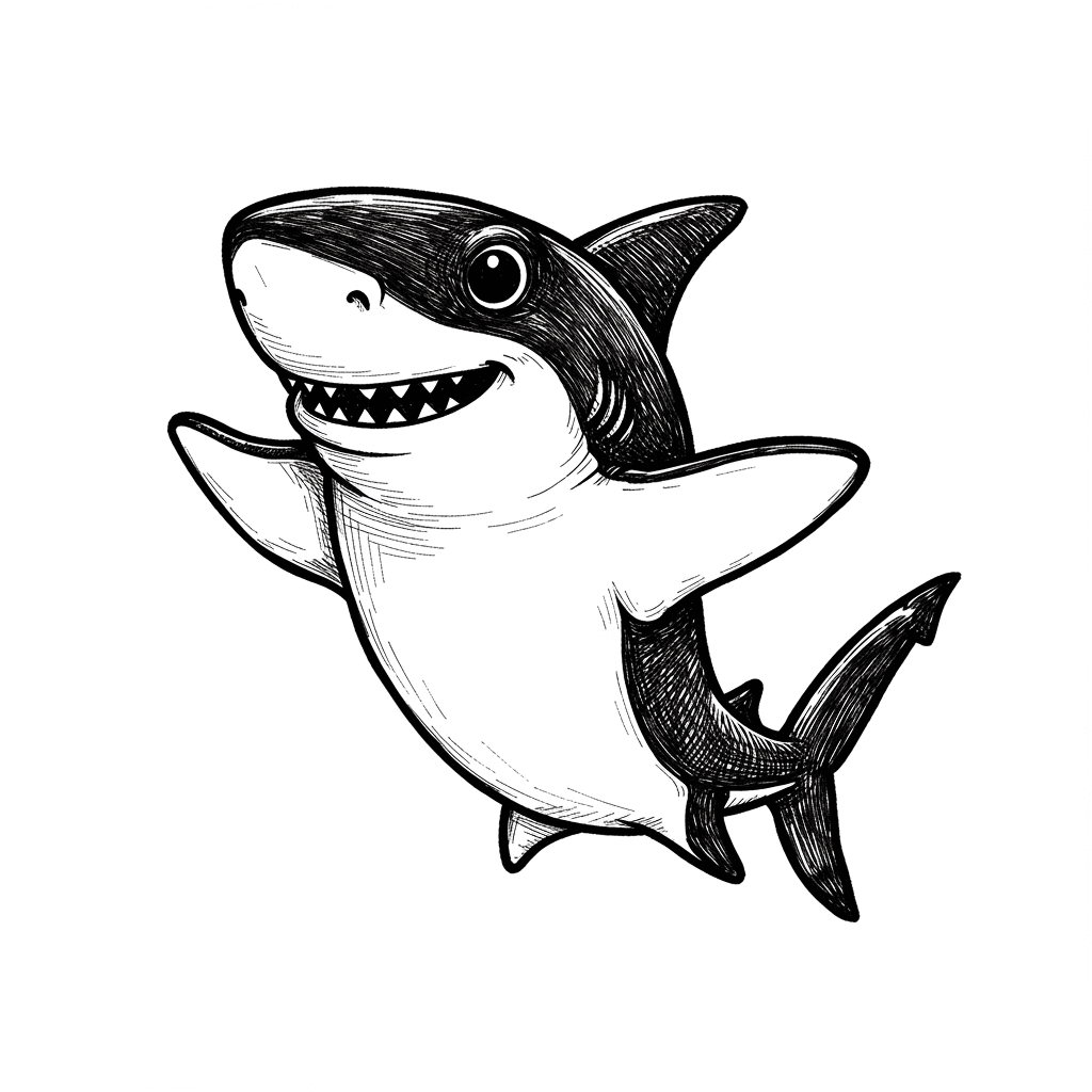 Haai Kleurplaat Zwart-witte kleurplaat van een Haai om zelf in te kleuren.