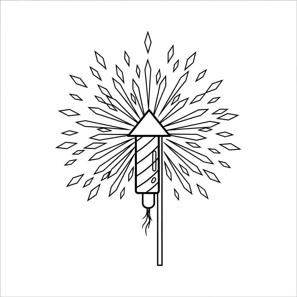 Vuurwerk Een kleurplaat van vuurwerkexplosies met fonkelende patronen en lijnen.