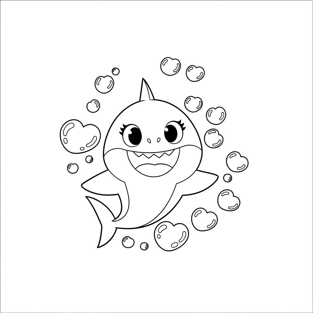 Baby Shark Kleurplaat Zwart-witte kleurplaat van Baby Shark, klaar om ingekleurd te worden door kinderen en volwassenen.