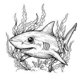 Haai Kleurplaat Kleurplaat van een zwemmende Haai in zwart-wit, klaar om in te kleuren.