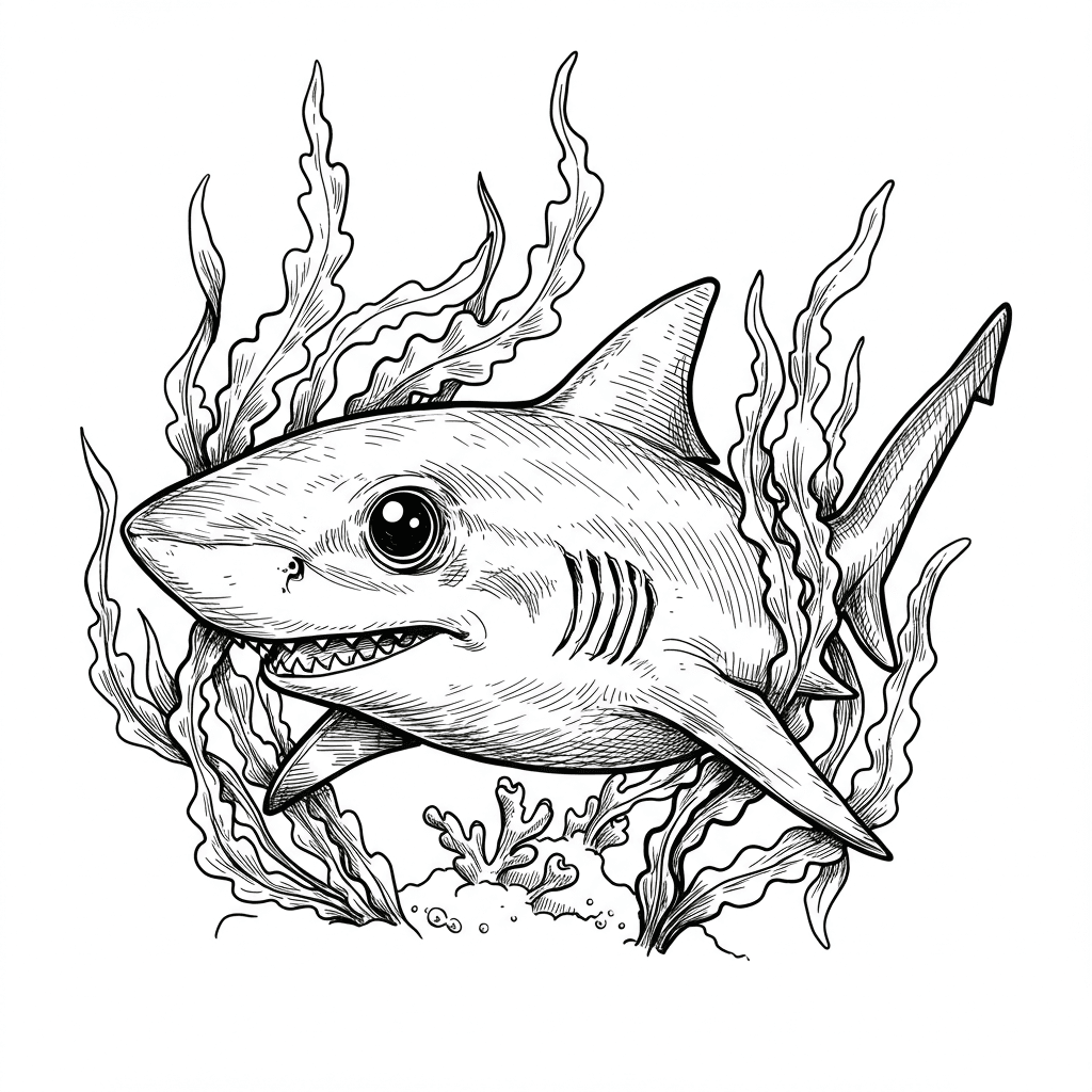 Haai Kleurplaat van een zwemmende Haai in zwart-wit, klaar om in te kleuren.