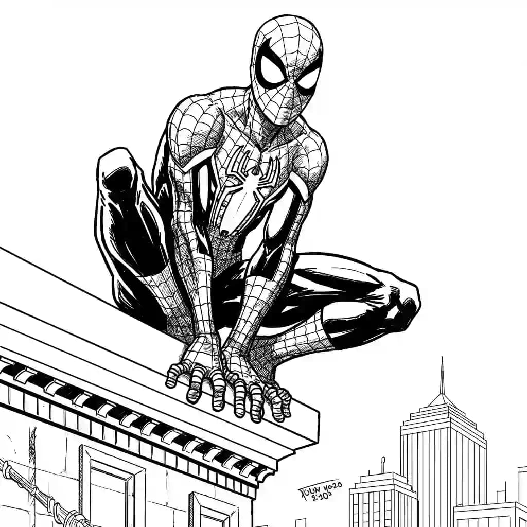 Spiderman Kleurplaat van Spiderman met een stoer superhelden thema om zelf in te kleuren.
