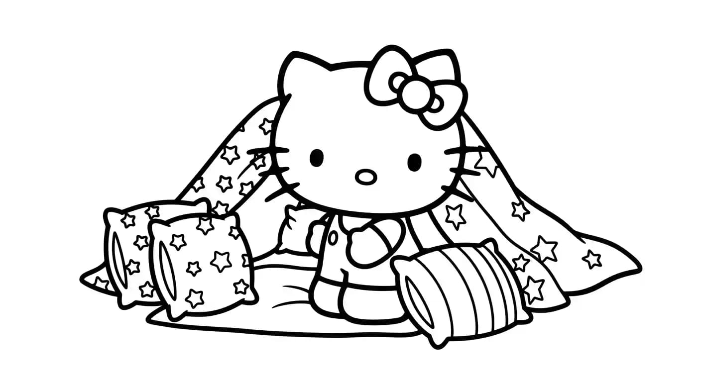 hello kitty Kleurplaat van hello kitty in een vrolijk en creatief thema om zelf in te kleuren.