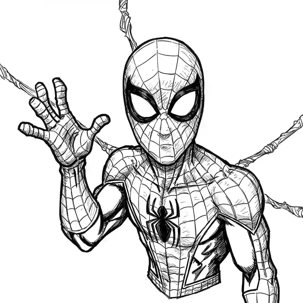 Spiderman Kleurplaat van Spiderman met een stoer superhelden thema om zelf in te kleuren.