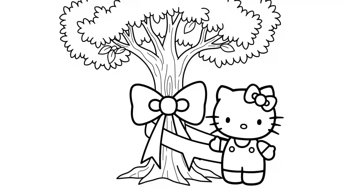 hello kitty Kleurplaat van hello kitty in een vrolijk en creatief thema om zelf in te kleuren.