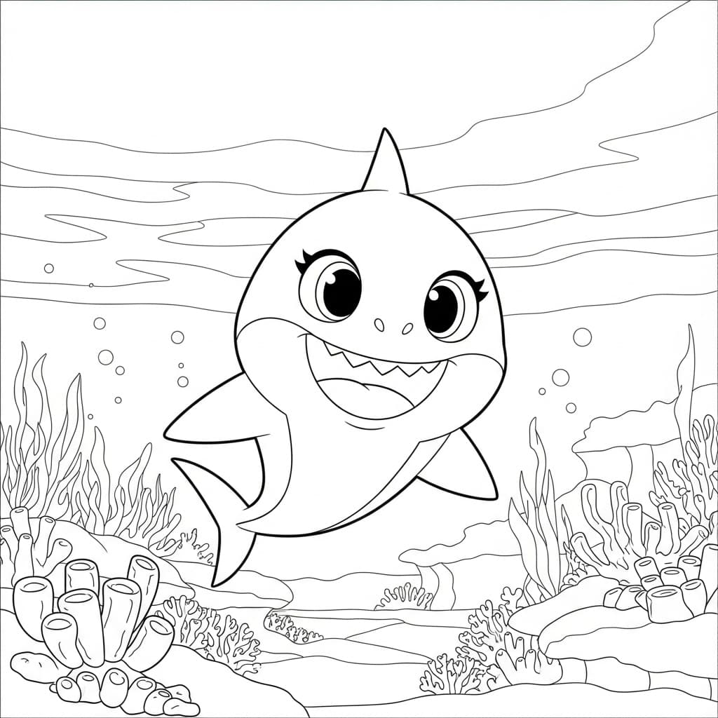 Baby Shark Leuke zwart-wit tekening van Baby Shark om zelf in te kleuren en creatief mee aan de slag te gaan.