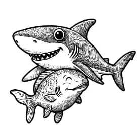 Haai Kleurplaat Kleurplaat van een zwemmende Haai in zwart-wit, klaar om in te kleuren.