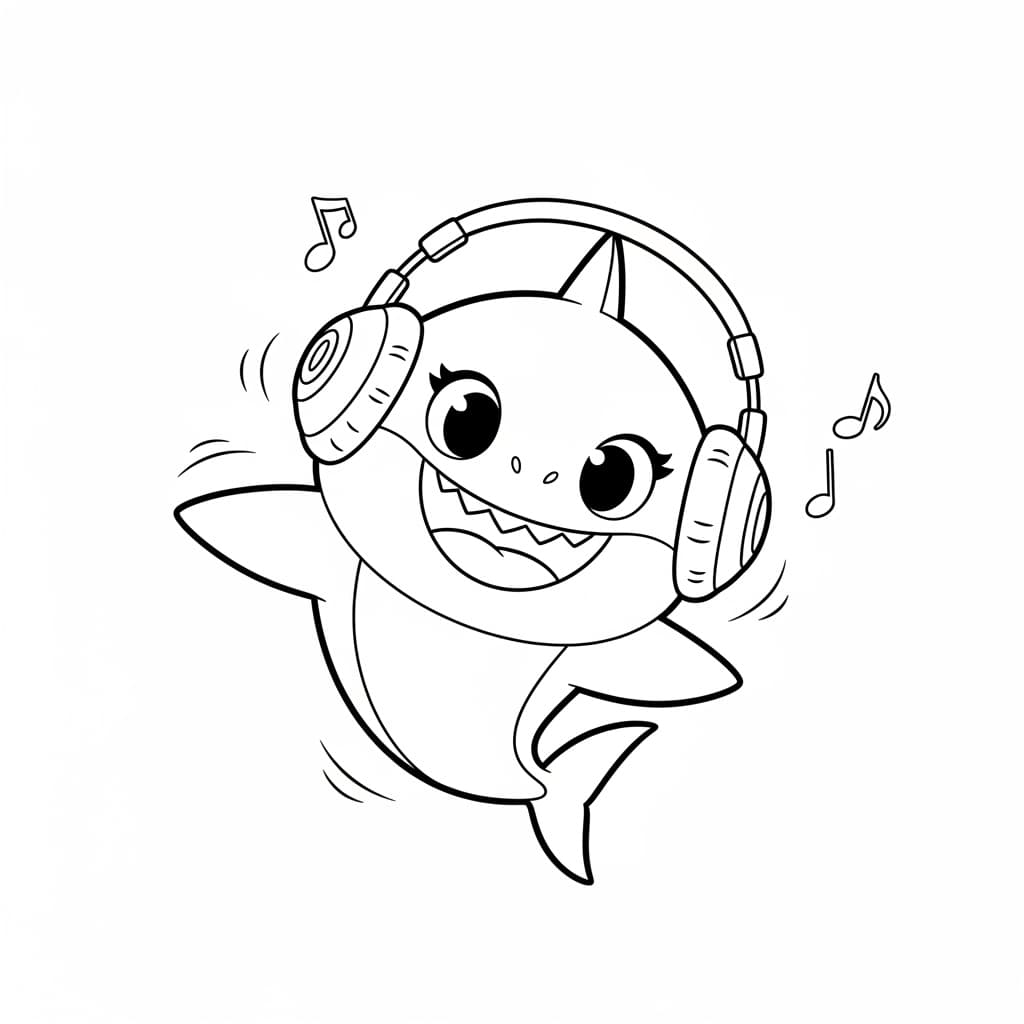 Baby Shark Vrolijke kleurplaat van Baby Shark die kinderen en volwassenen kunnen inkleuren.