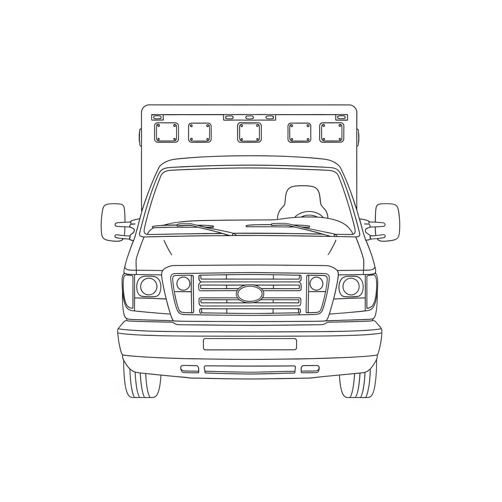 Ambulance Zwart-witte tekening van een ambulance om gratis te downloaden en in te kleuren.